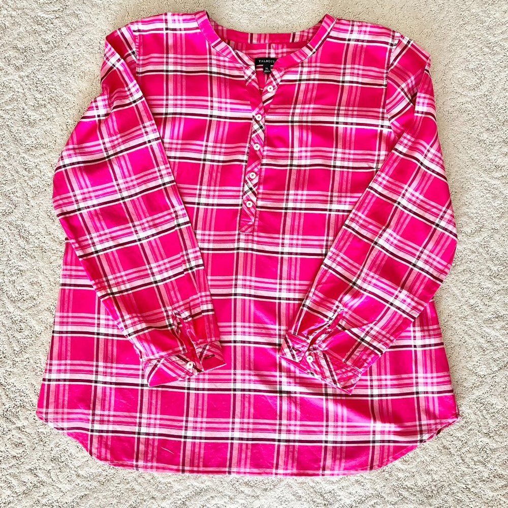 Talbots Long Sleeve Pink Plaid Blouse Size